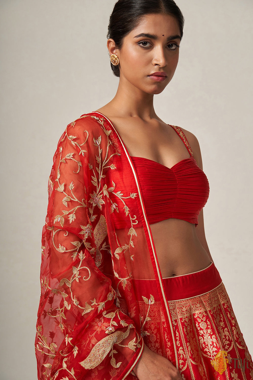 'Indira' Red Pure Katan Silk Banarasi Handloom Lehenga Set