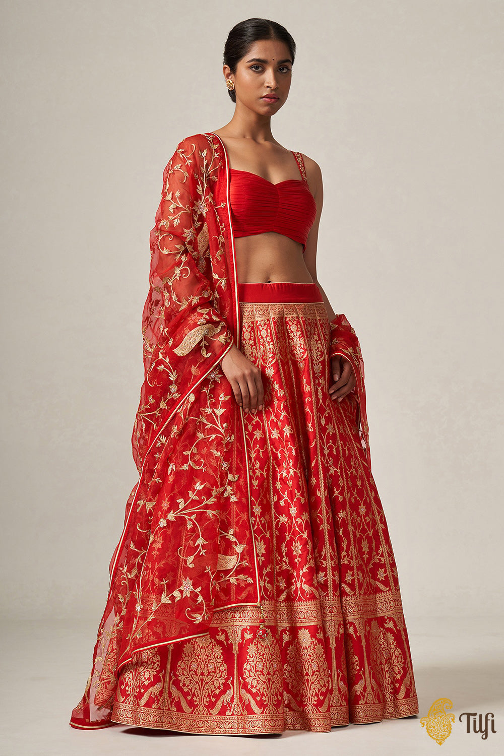 'Indira' Red Pure Katan Silk Banarasi Handloom Lehenga Set