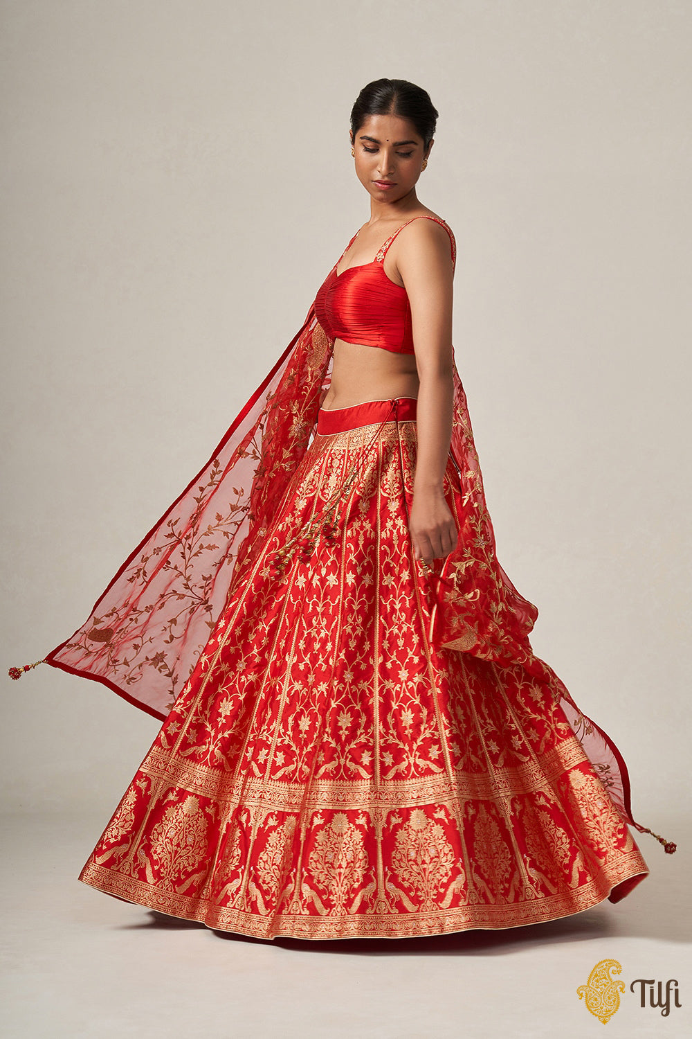 'Indira' Red Pure Katan Silk Banarasi Handloom Lehenga Set