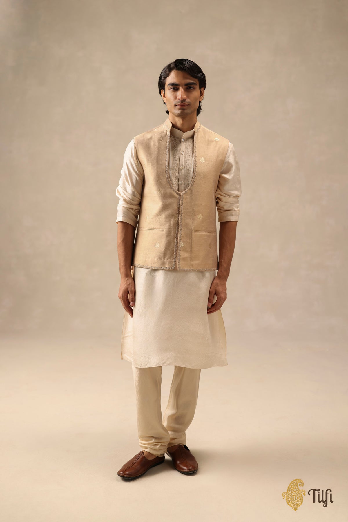 Beige Pure Tussar Silk Handwoven Sadri