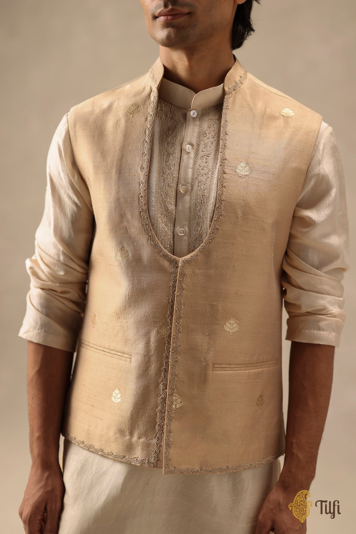 Beige Pure Tussar Silk Handwoven Sadri