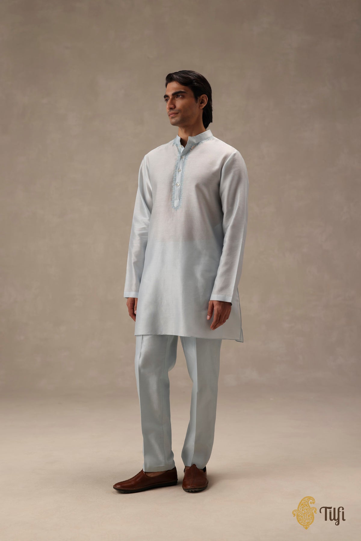 Blue Pure Chanderi Silk Hand-Embroidered Kurta Set