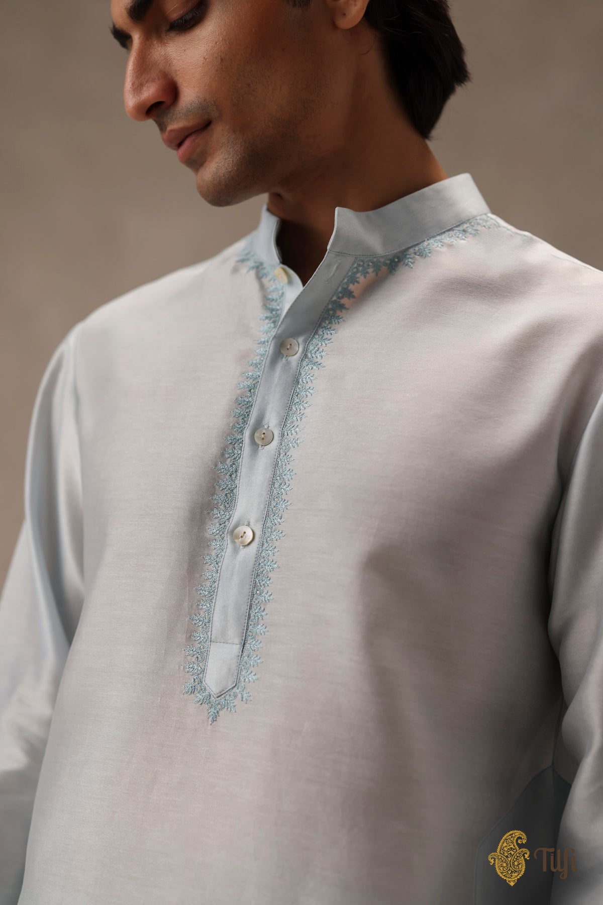 Blue Pure Chanderi Silk Hand-Embroidered Kurta Set