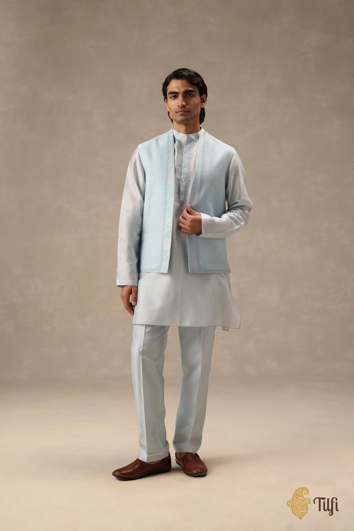 Blue Pure Raw Silk Handwoven Sadri