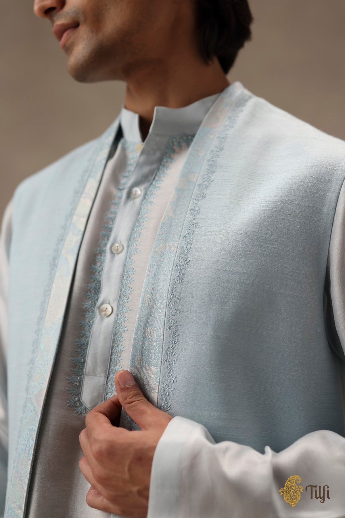 Blue Pure Raw Silk Handwoven Sadri