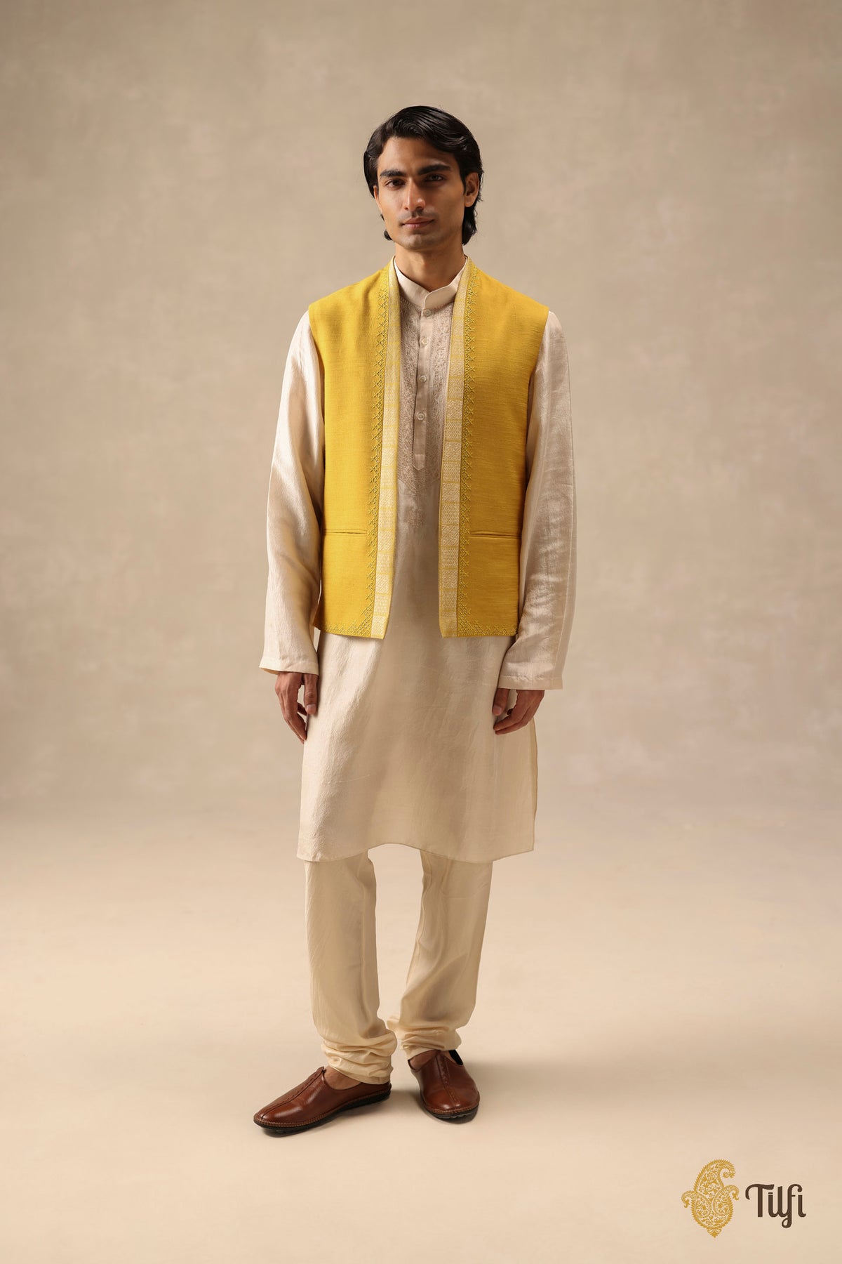 Mustard Yellow Pure Raw Silk Handwoven Sadri