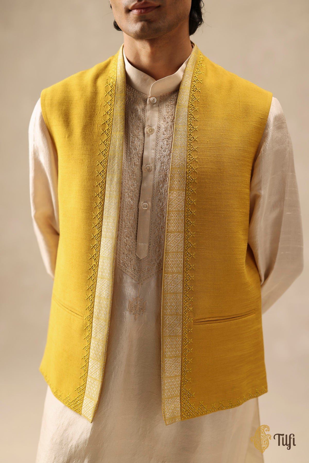 Mustard Yellow Pure Raw Silk Handwoven Sadri