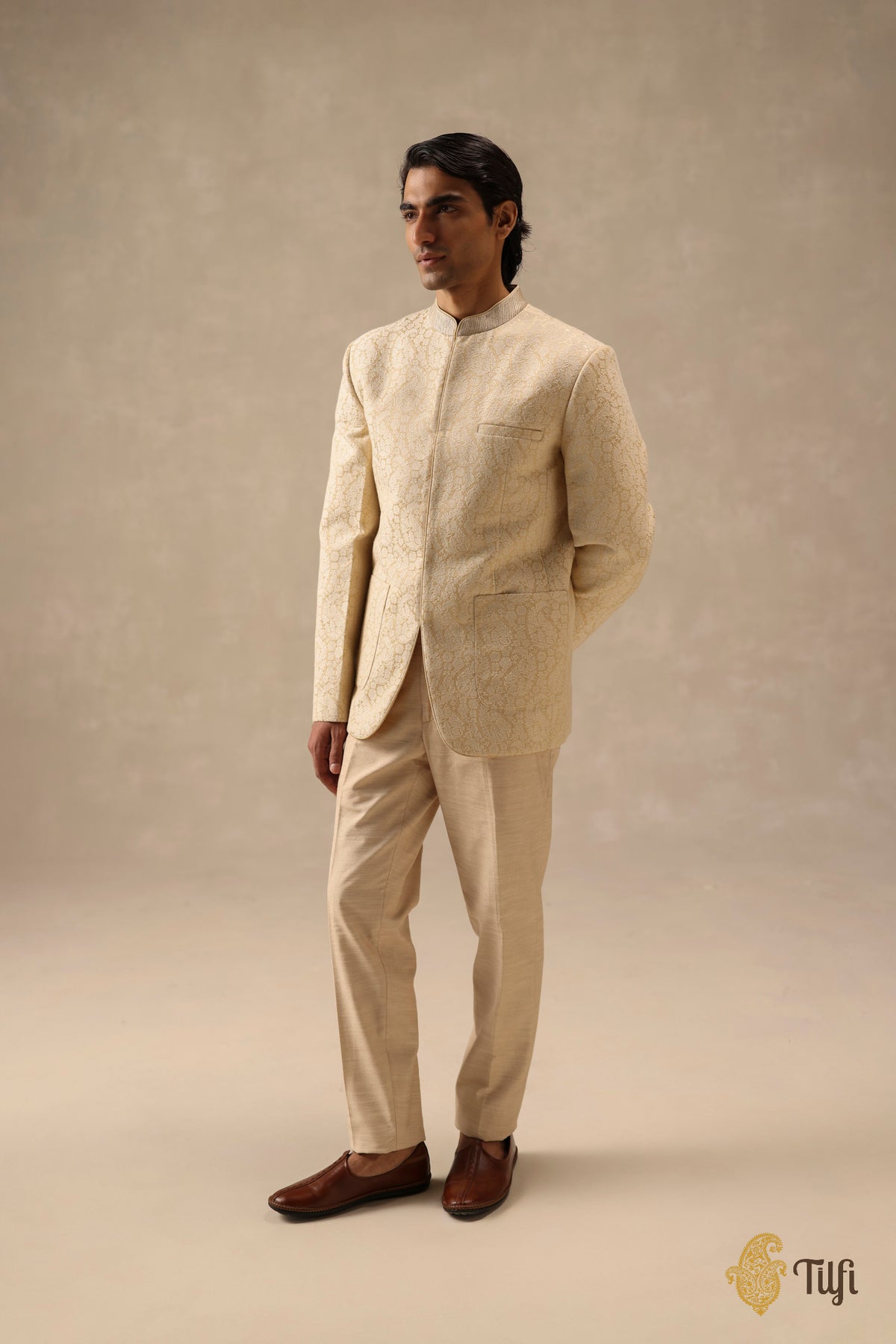 Off-White Pure Handwoven Silk Bandhgala Jacket