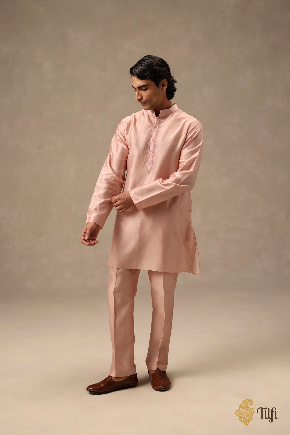 Pink Pure Chanderi Silk Hand-Embroidered Kurta Set