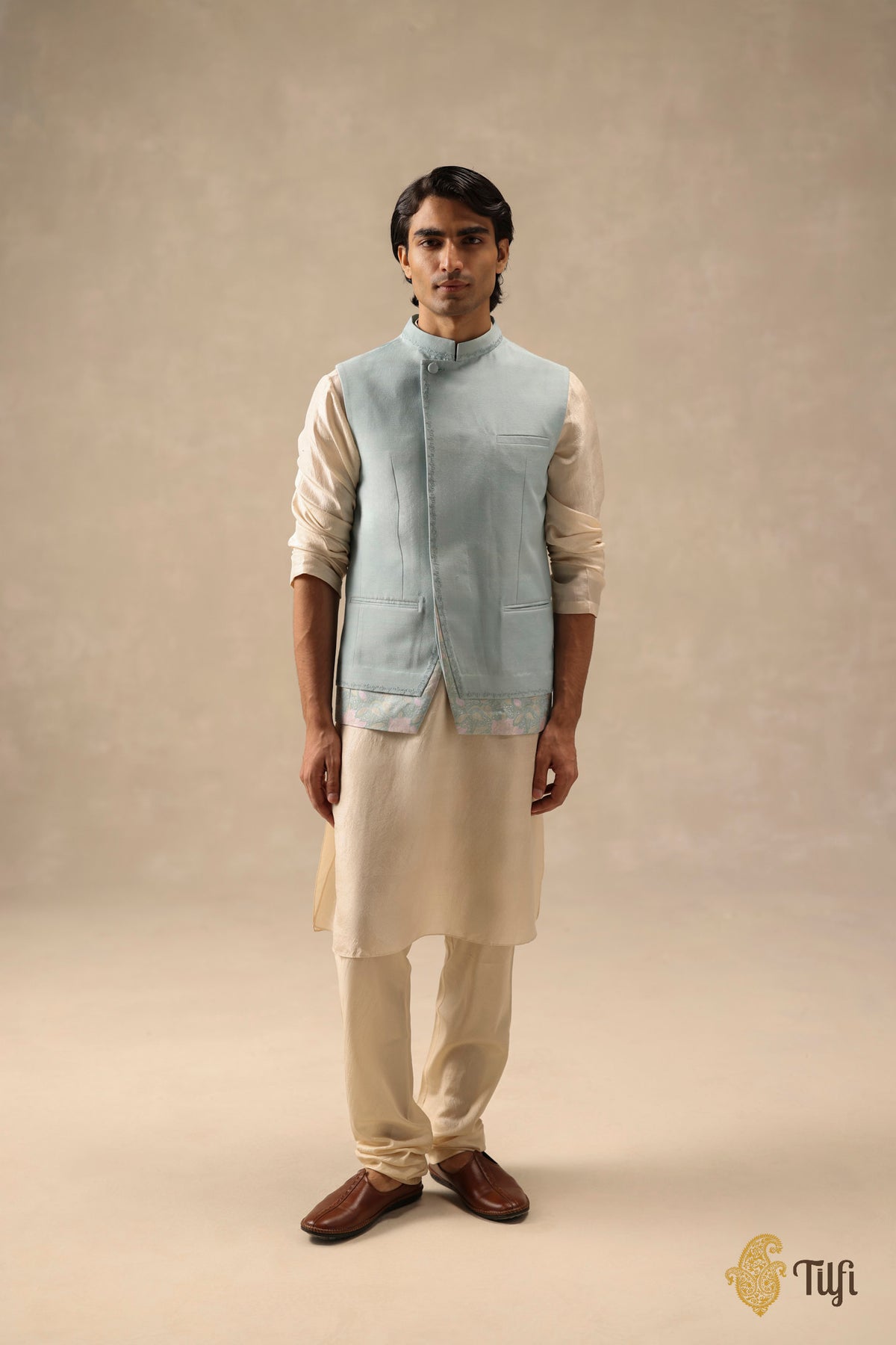 Light Blue Pure Monga Silk Handwoven Sadri