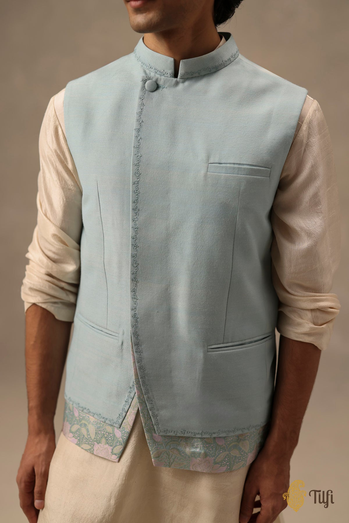 Light Blue Pure Monga Silk Handwoven Sadri