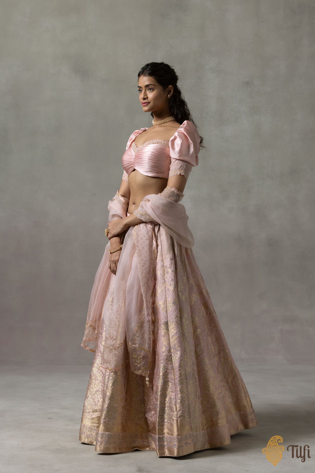 'Juliette' Light Pink Pure Satin Silk Banarasi Handloom Lehenga Set