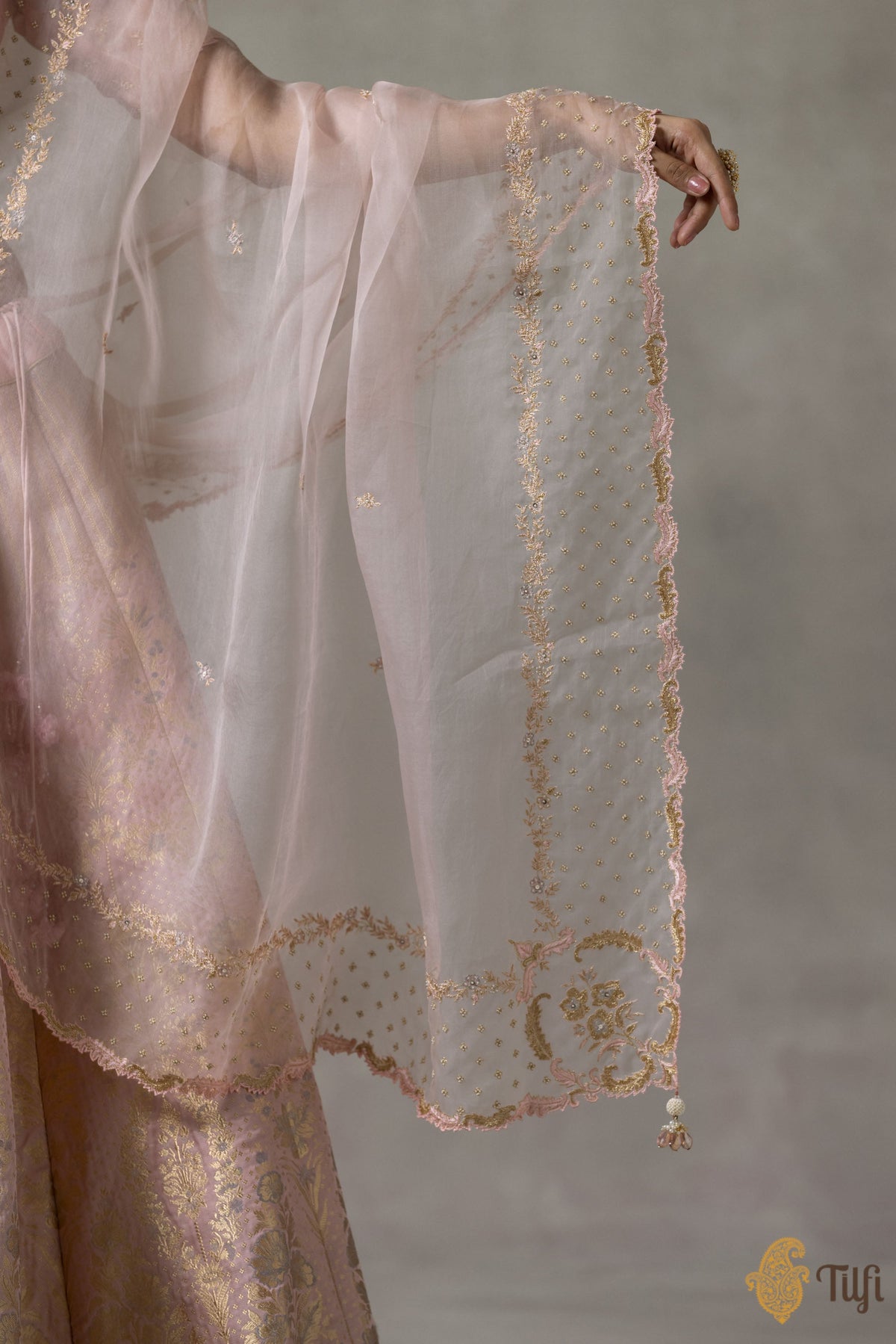 'Juliette' Light Pink Pure Satin Silk Banarasi Handloom Lehenga Set