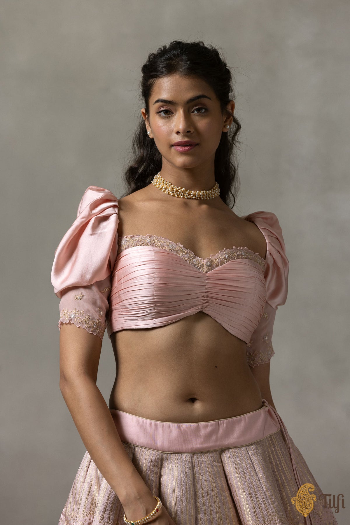 'Juliette' Light Pink Pure Satin Silk Banarasi Handloom Lehenga Set