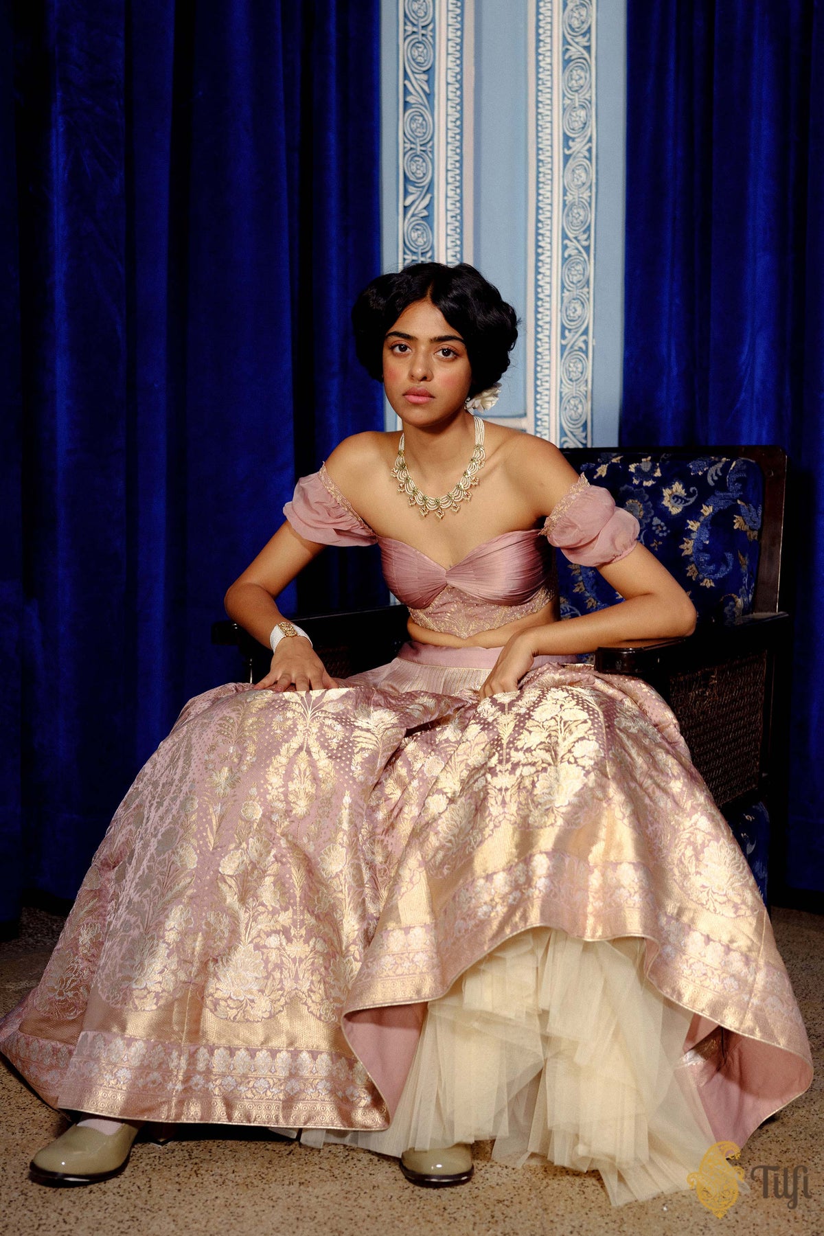 Juliette' Old Rose Pink Pure Satin Silk Banarasi Handloom Lehenga Set