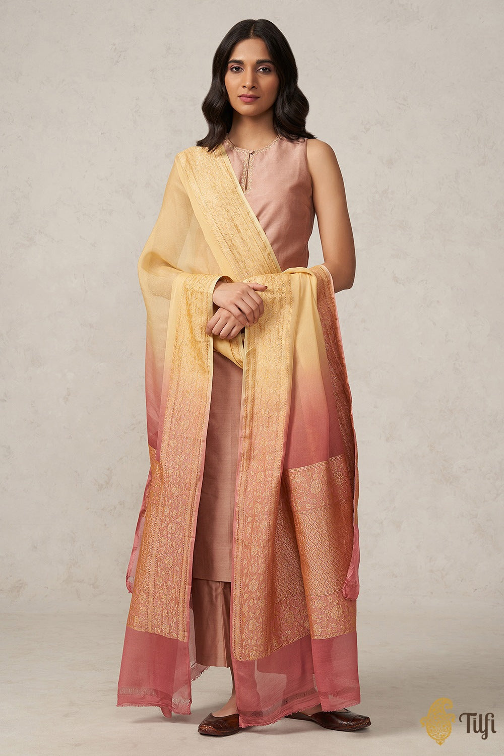 Beige-Rosy Brown Pure Khaddi Georgette Banarasi Handloom Dupatta