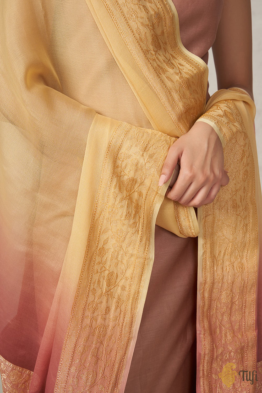 Beige-Rosy Brown Pure Khaddi Georgette Banarasi Handloom Dupatta