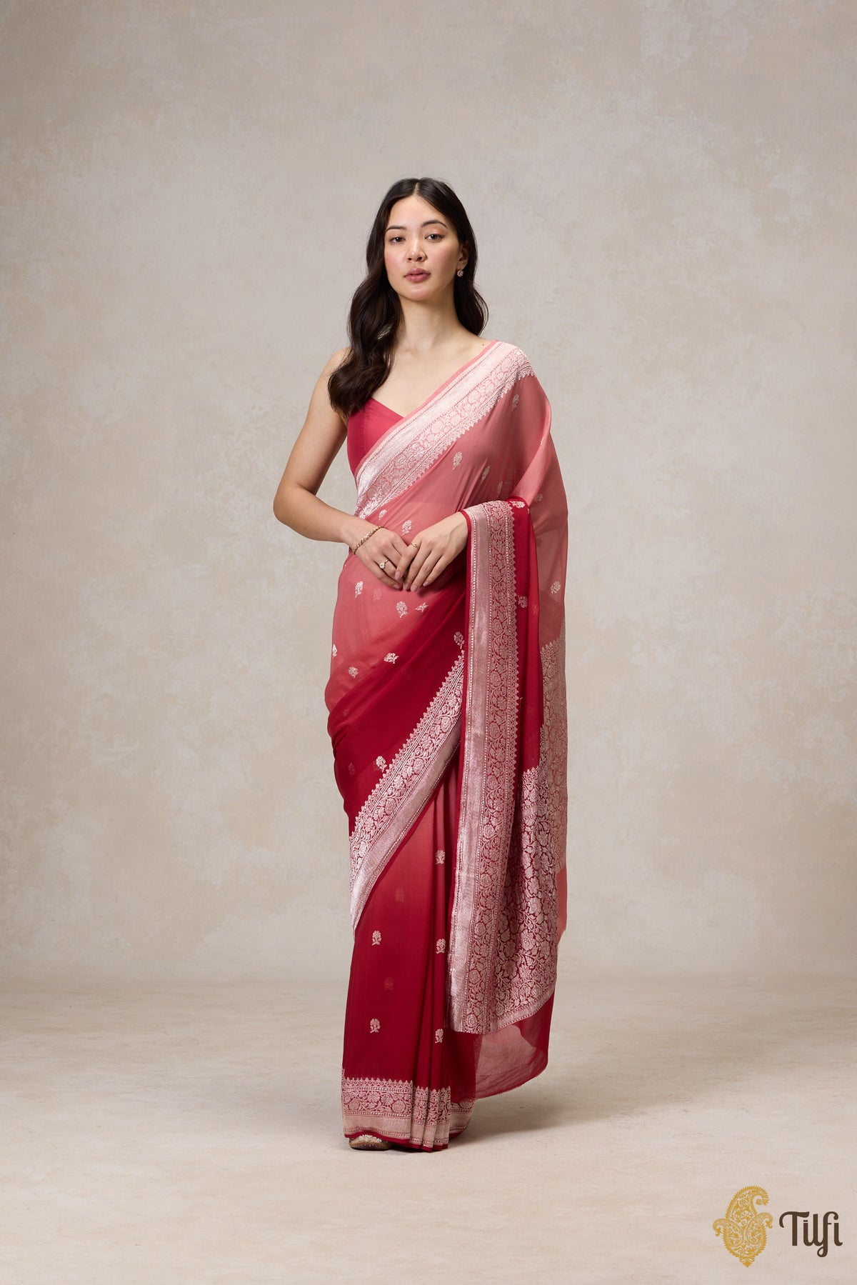 Pre-Order: Maroon-Old Rose Ombre Pure Khaddi Georgette Banarasi Handloom Saree