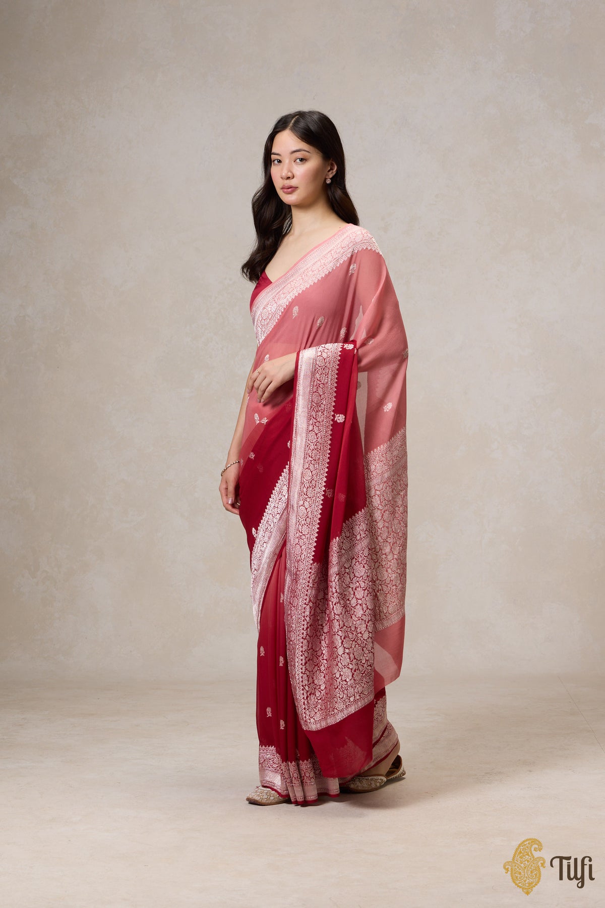 Pre-Order: Maroon-Old Rose Ombre Pure Khaddi Georgette Banarasi Handloom Saree