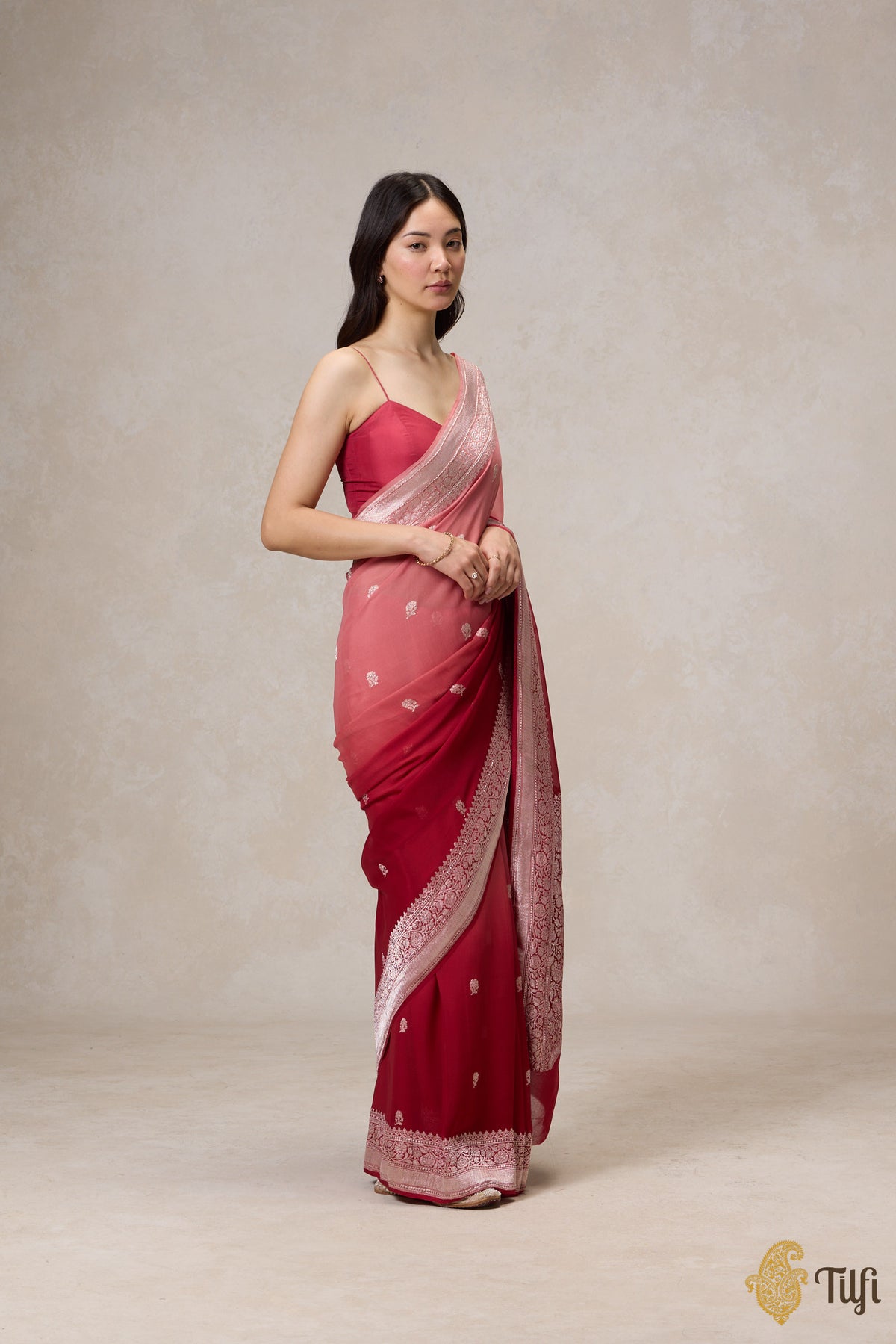 Pre-Order: Maroon-Old Rose Ombre Pure Khaddi Georgette Banarasi Handloom Saree