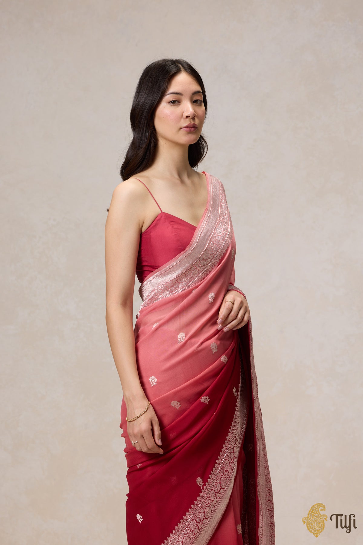 Pre-Order: Maroon-Old Rose Ombre Pure Khaddi Georgette Banarasi Handloom Saree