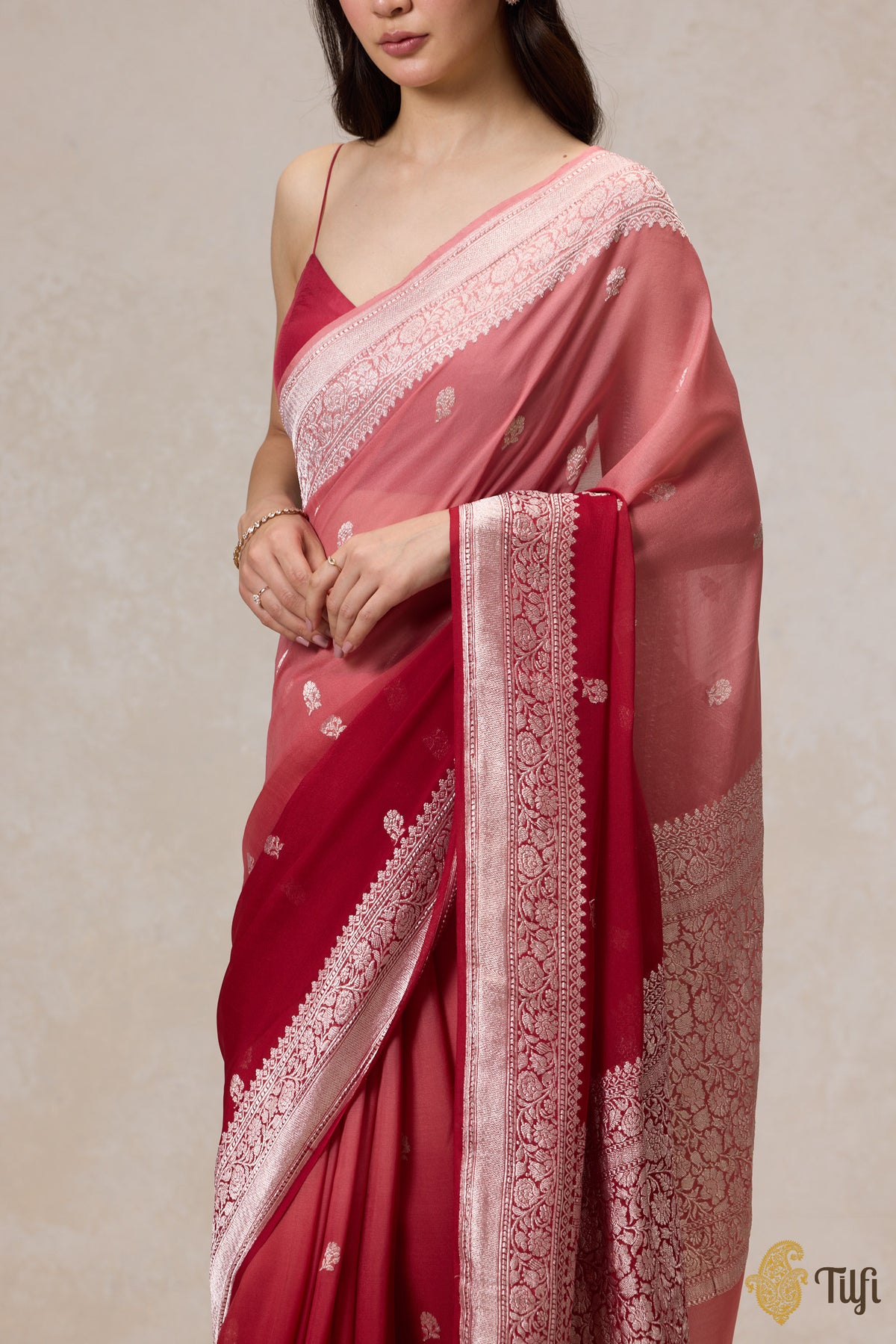 Pre-Order: Maroon-Old Rose Ombre Pure Khaddi Georgette Banarasi Handloom Saree