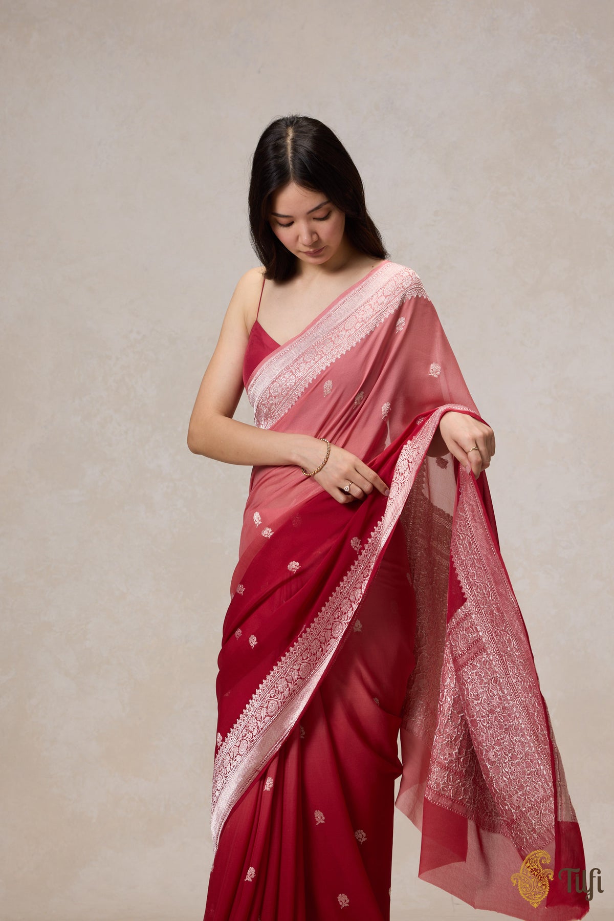 Pre-Order: Maroon-Old Rose Ombre Pure Khaddi Georgette Banarasi Handloom Saree