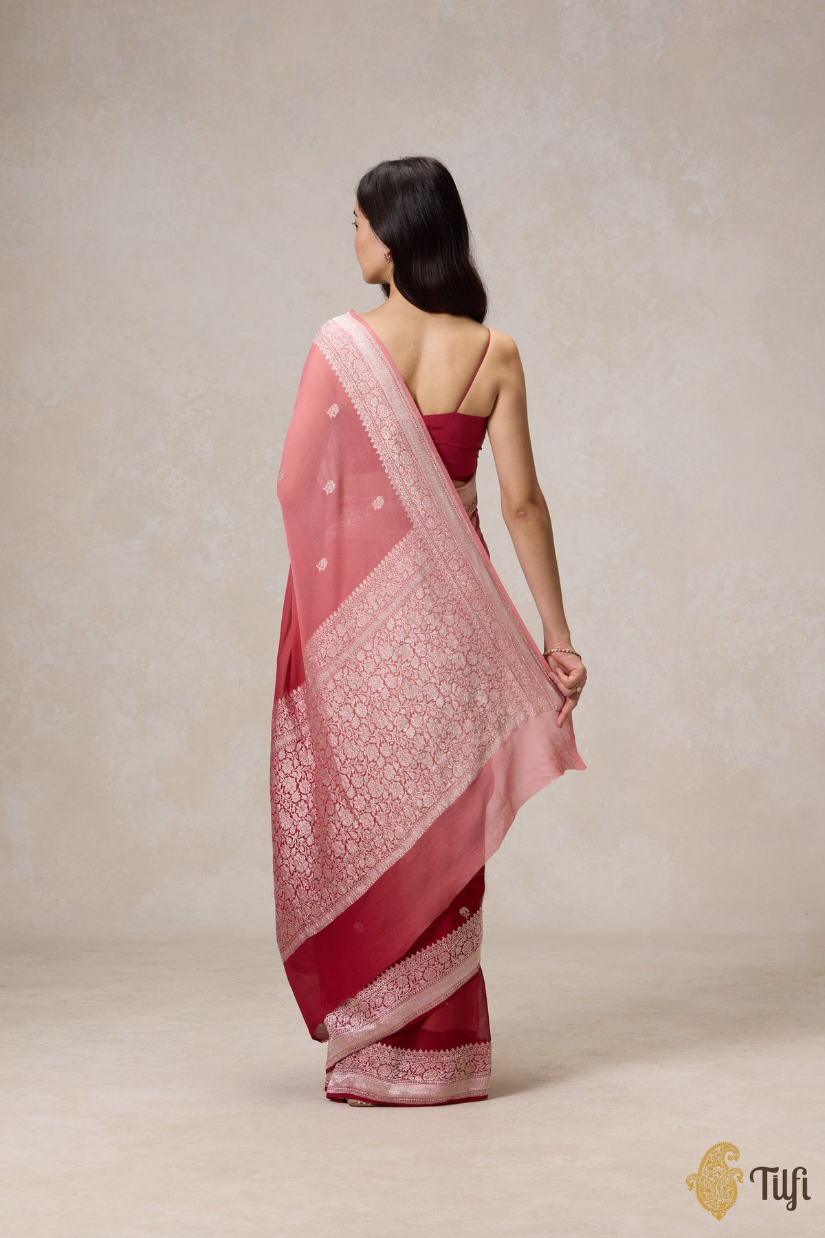 Pre-Order: Maroon-Old Rose Ombre Pure Khaddi Georgette Banarasi Handloom Saree