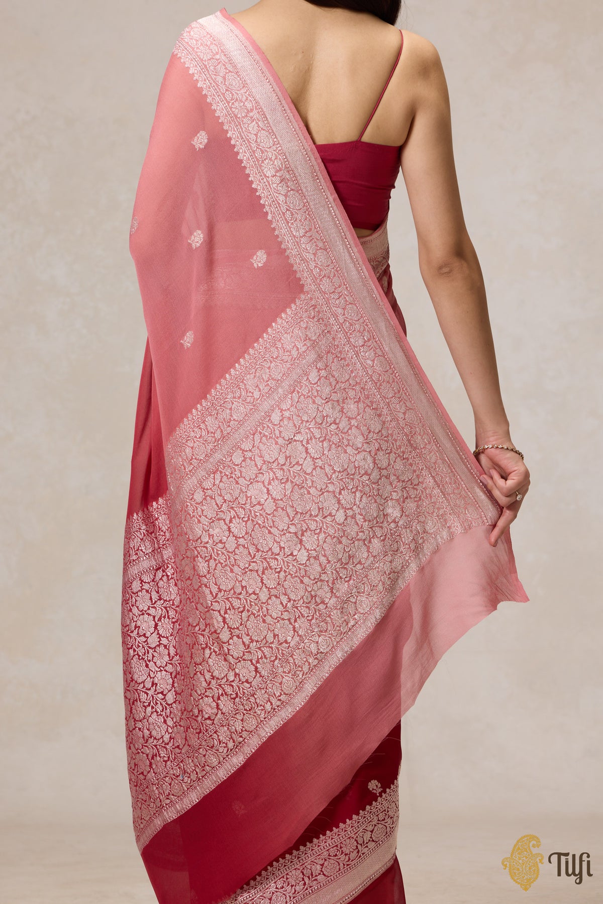 Pre-Order: Maroon-Old Rose Ombre Pure Khaddi Georgette Banarasi Handloom Saree