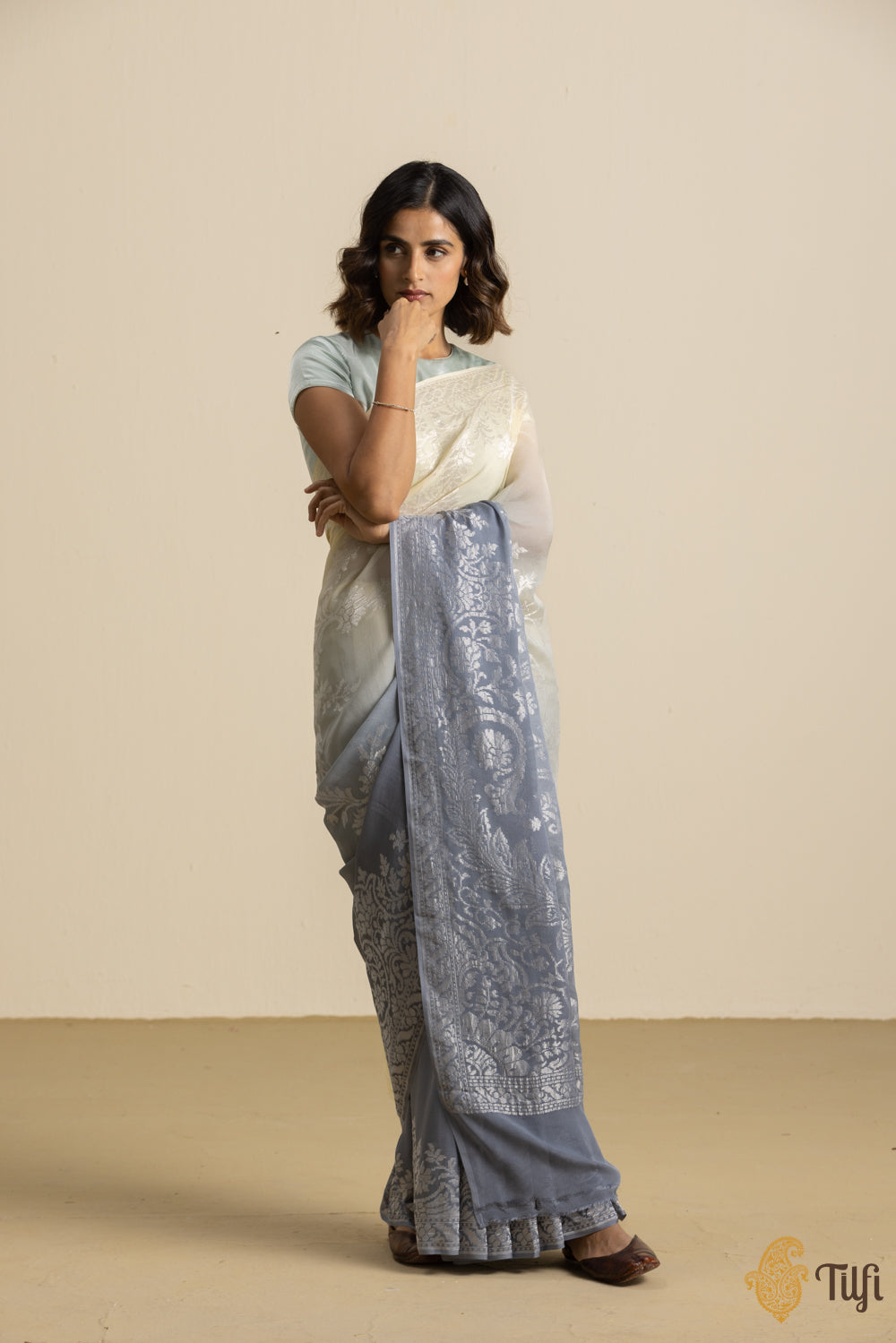 Ivory-Grey Pure Khaddi Georgette Banarasi Handloom Saree