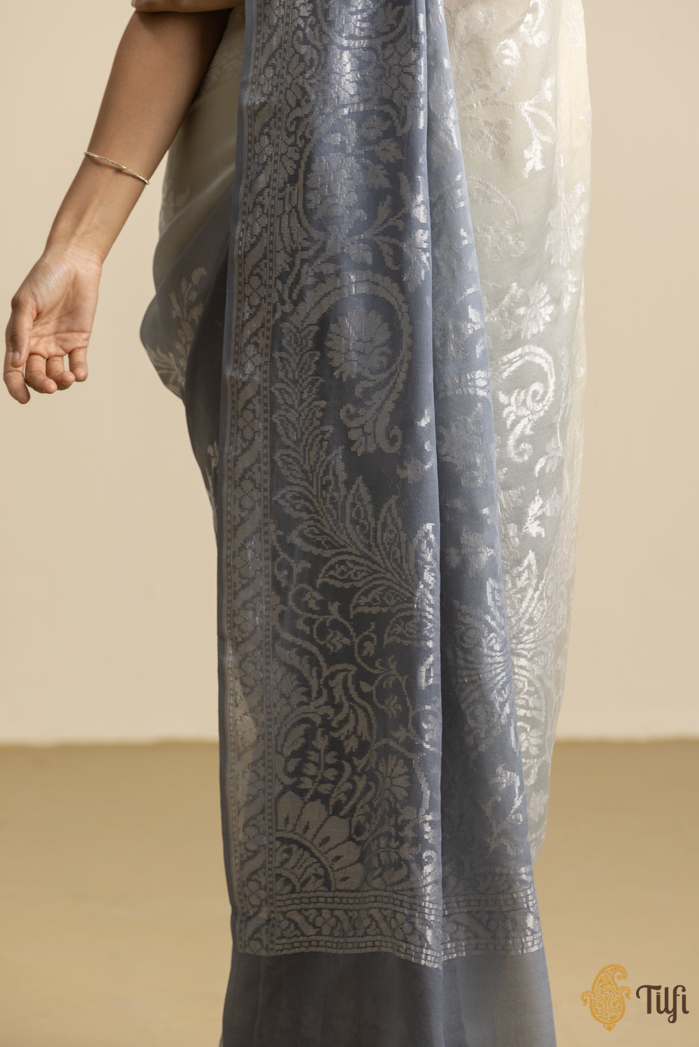 Ivory-Grey Pure Khaddi Georgette Banarasi Handloom Saree