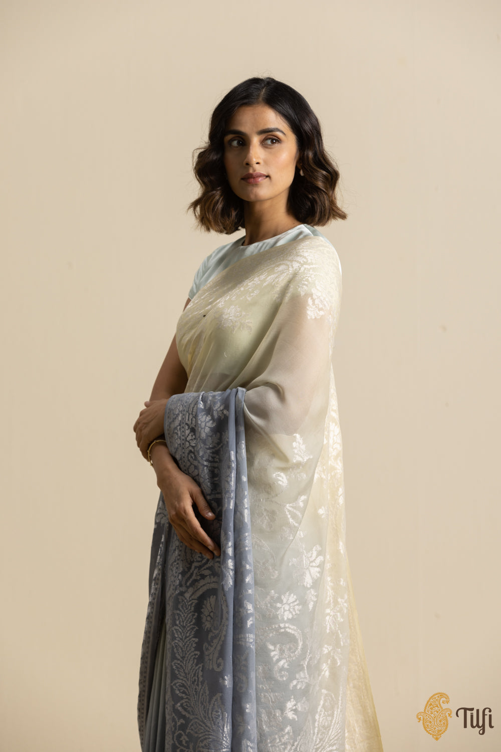 Ivory-Grey Pure Khaddi Georgette Banarasi Handloom Saree