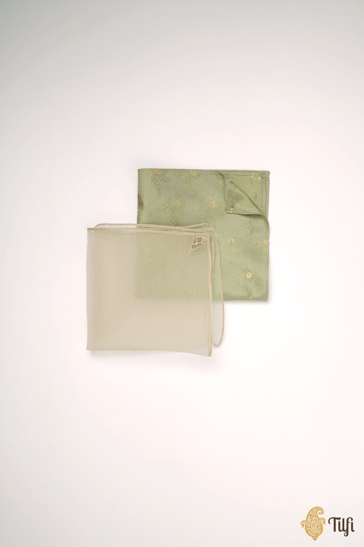 Green Pure Satin Silk Tanchoi Handwoven Pocket Square Set