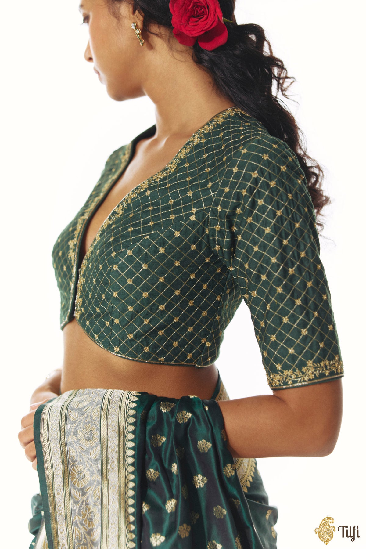 Green Hand-embroidered Pure Raw Silk Blouse