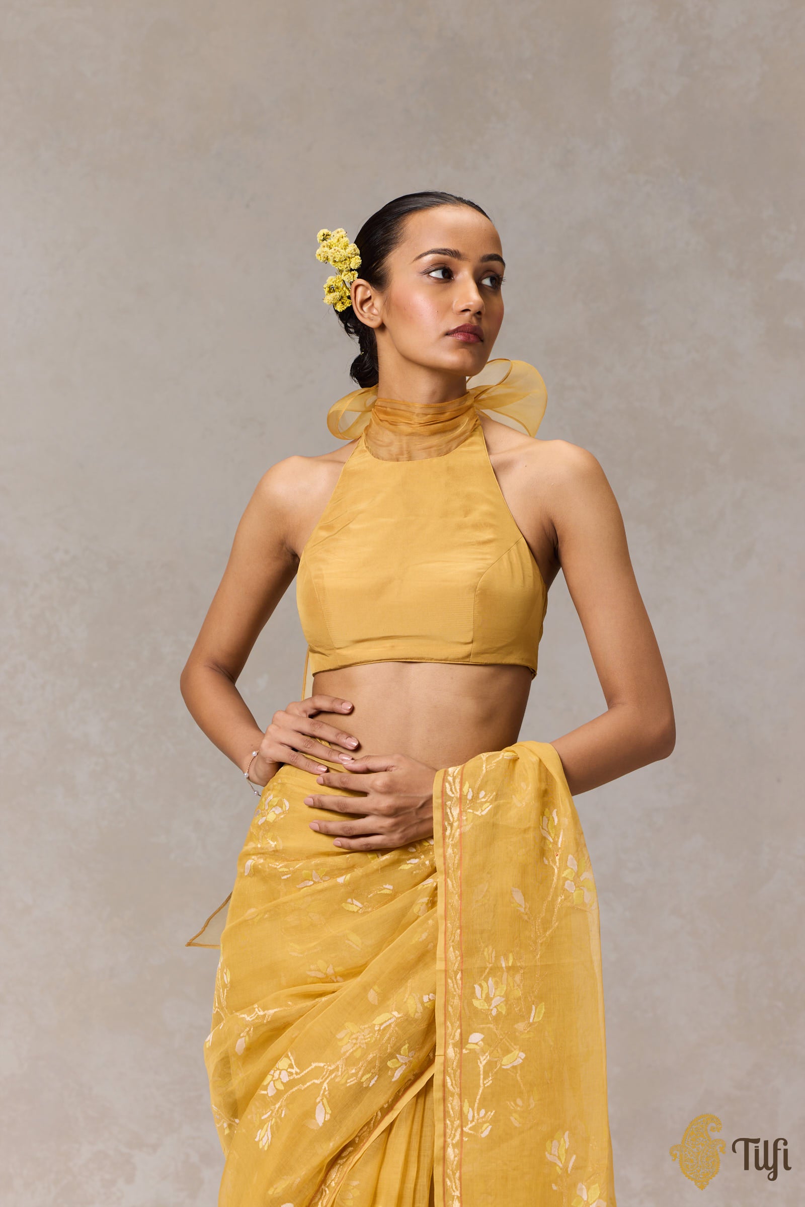 Amazing yellow Banarasi Organza Weaving for Women saree blousewith Contrast popular Handdyed Banglory Blouse usa for Women saree blouses women