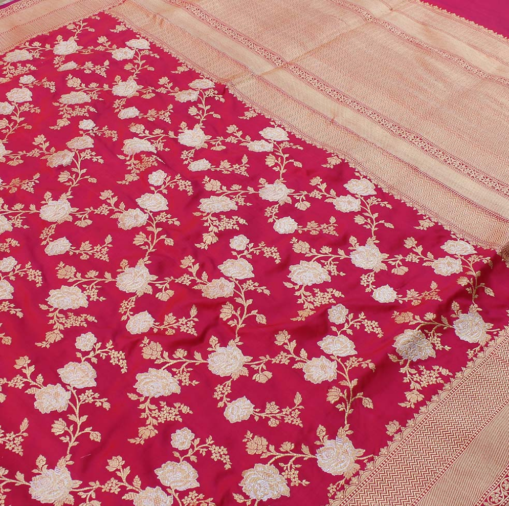 Red-Rani Pink Pure Katan Silk Banarasi Handloom Saree