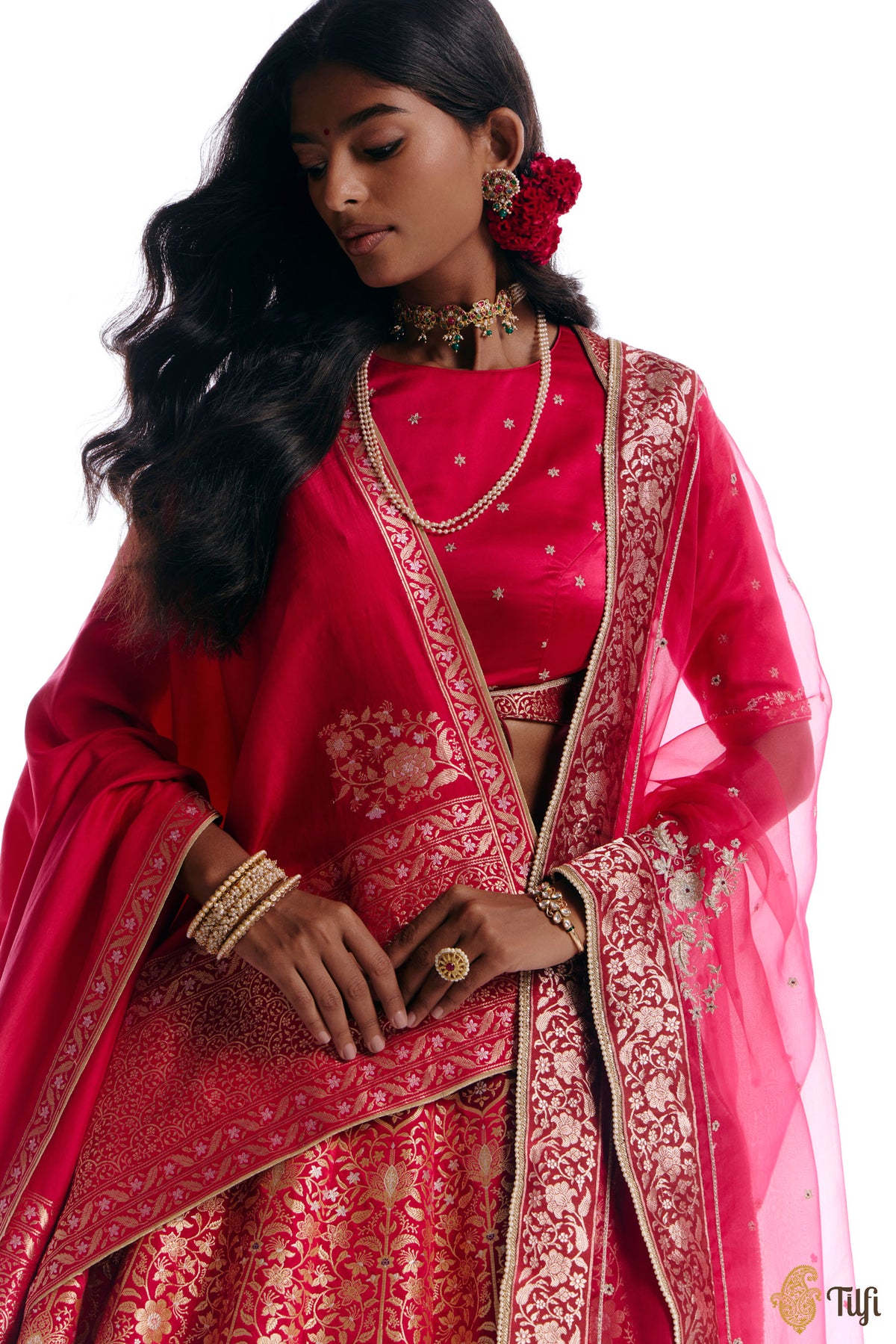 'Iram' Rani Pink Real Zari Pure Satin Silk Banarasi Handloom Lehenga Set