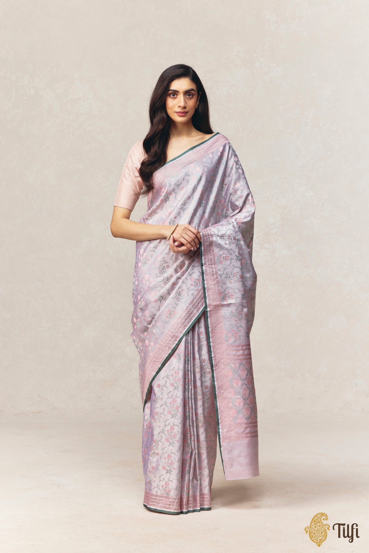 'Crocus Dawn' Off-White Pure Soft Satin Silk Banarasi Handloom Saree