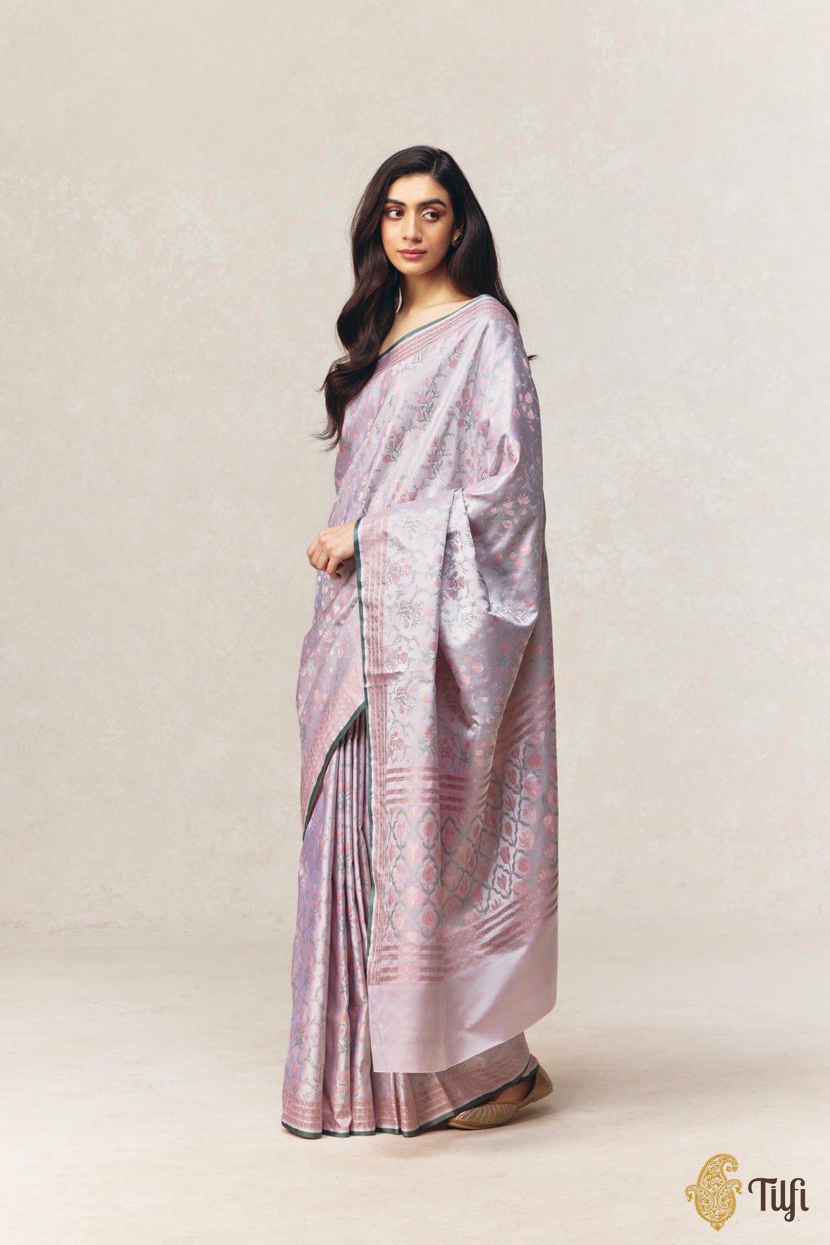 'Crocus Dawn' Off-White Pure Soft Satin Silk Banarasi Handloom Saree