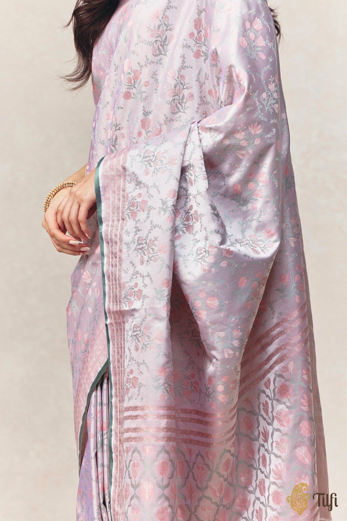 'Crocus Dawn' Off-White Pure Soft Satin Silk Banarasi Handloom Saree