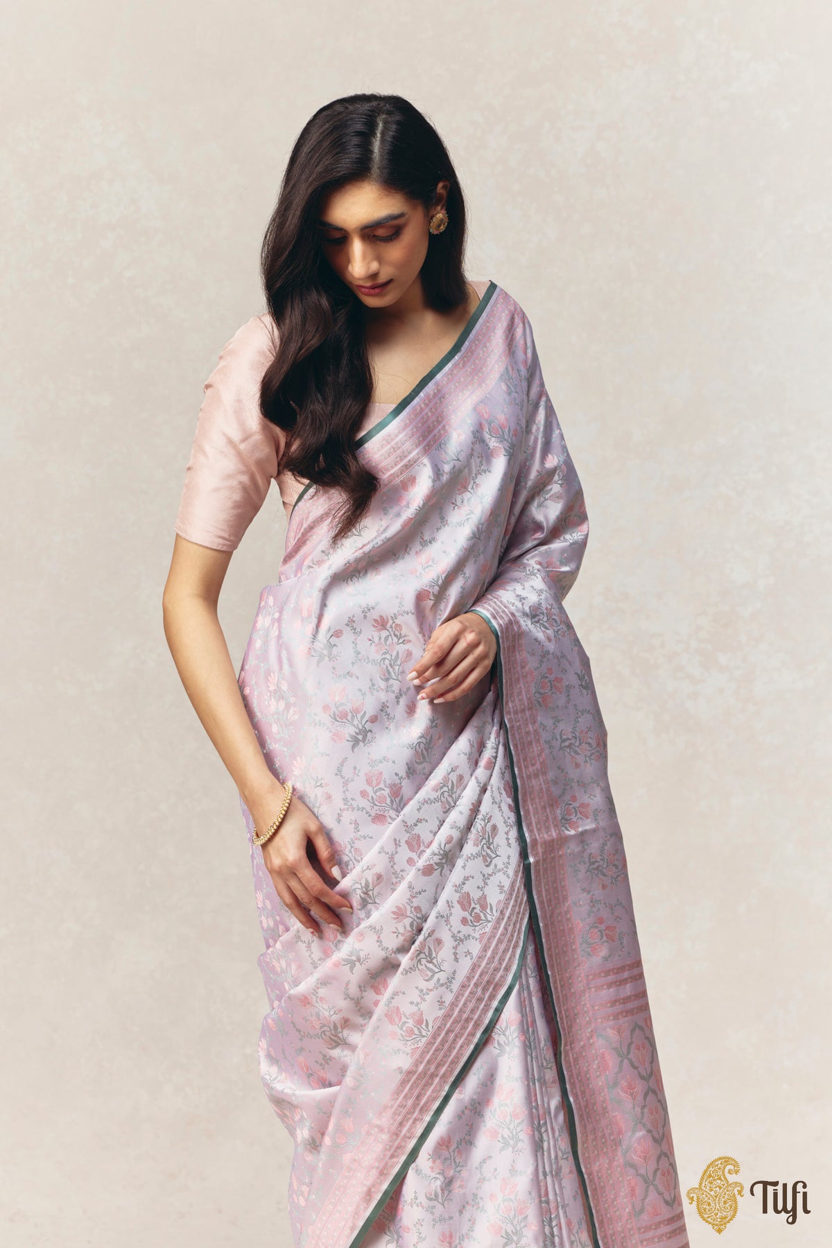 'Crocus Dawn' Off-White Pure Soft Satin Silk Banarasi Handloom Saree