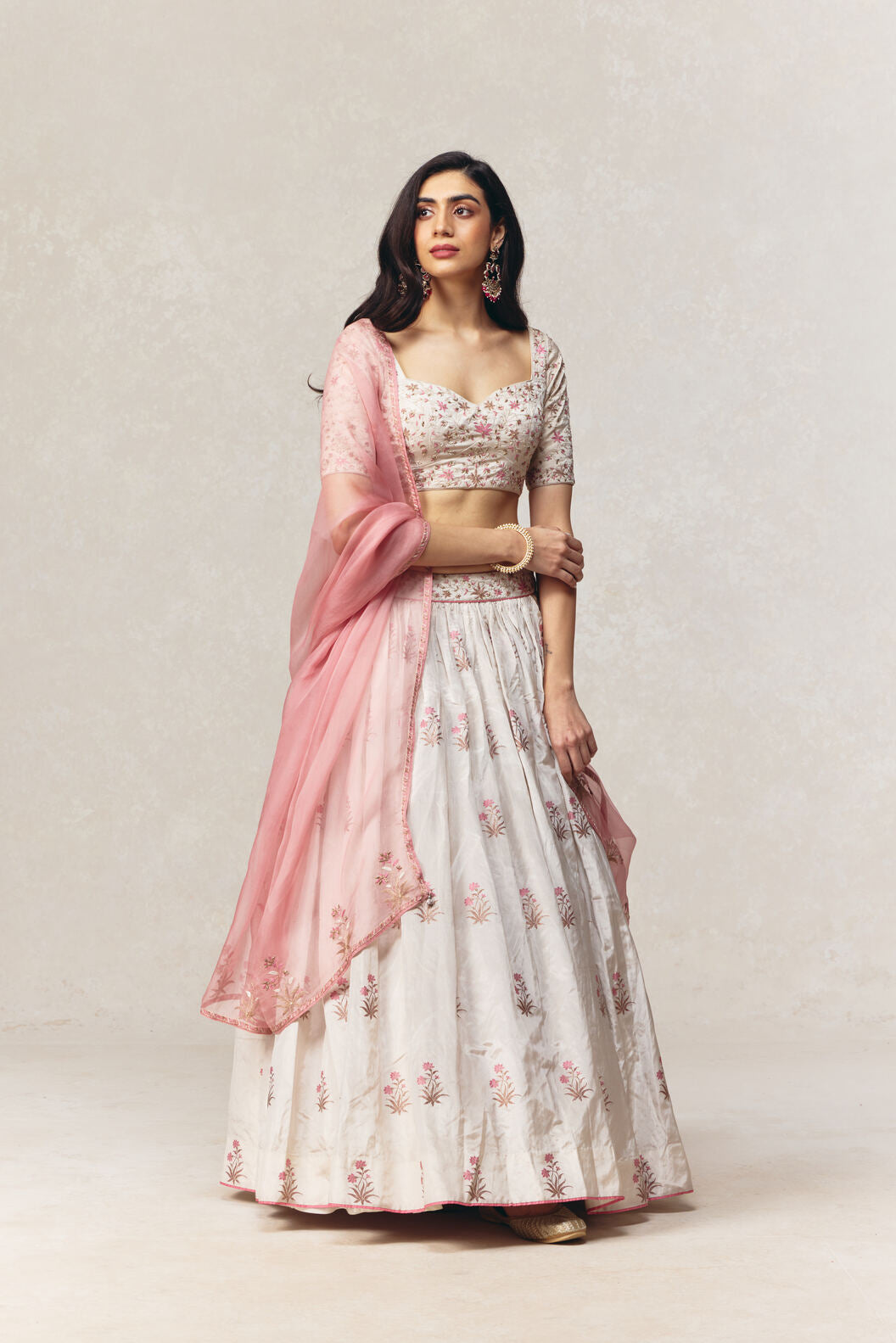 White-Silver Tissue Banarasi Handloom Lehenga Set with Hand-embroidered Dupatta