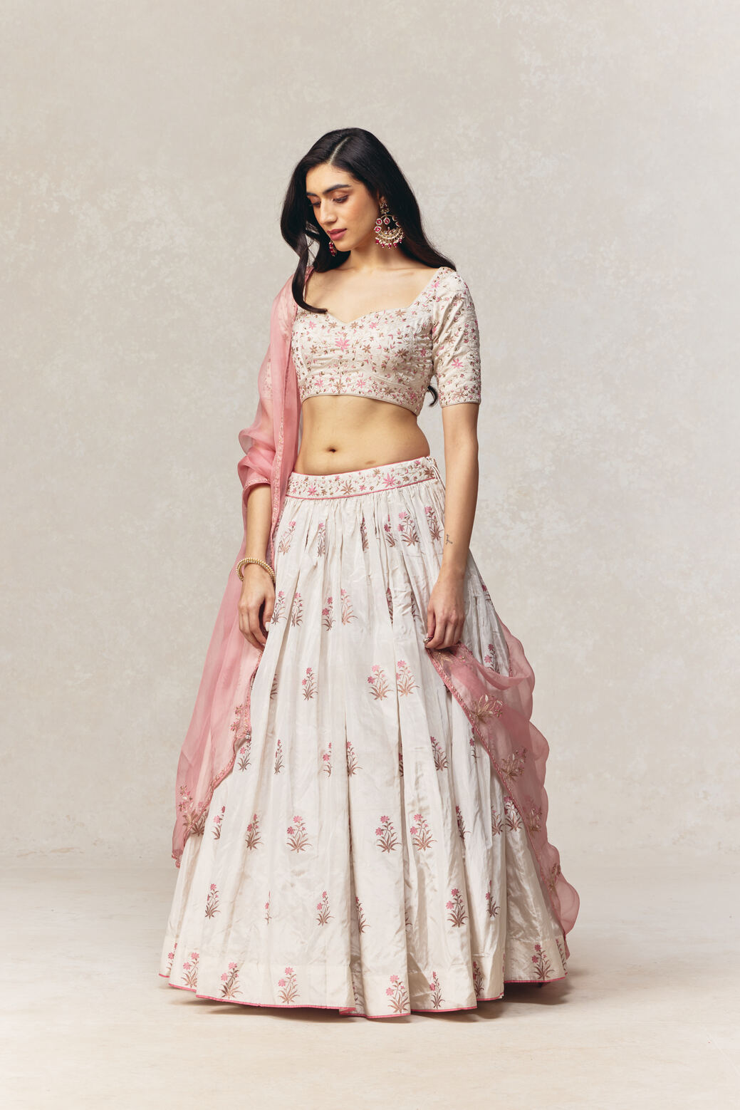 White-Silver Tissue Banarasi Handloom Lehenga Set with Hand-embroidered Dupatta