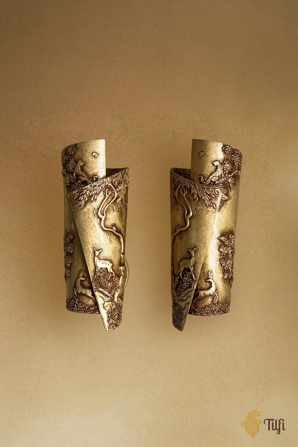 Pure Brass Shikargah Metal Repoussé Light Sconce Set