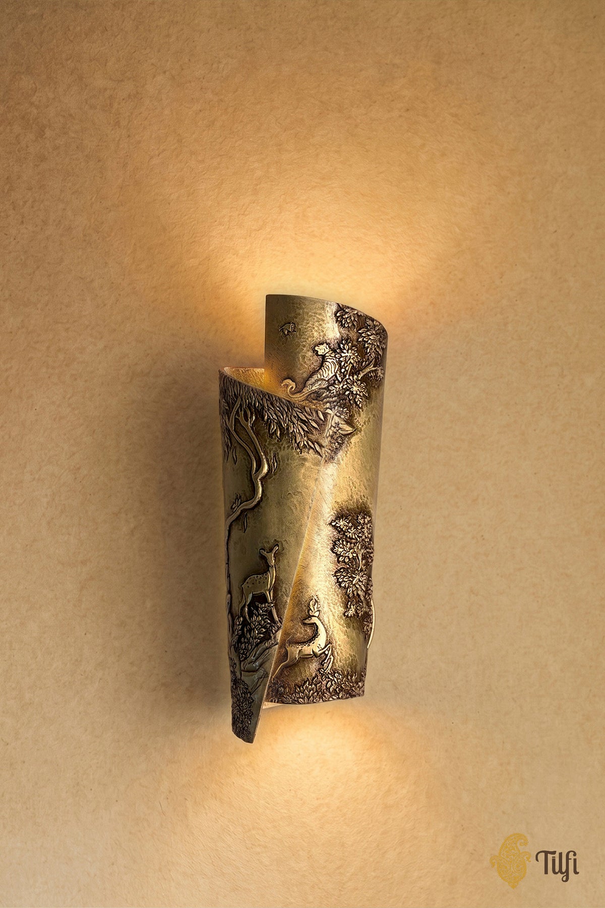 Pure Brass Shikargah Metal Repoussé Light Sconce Set