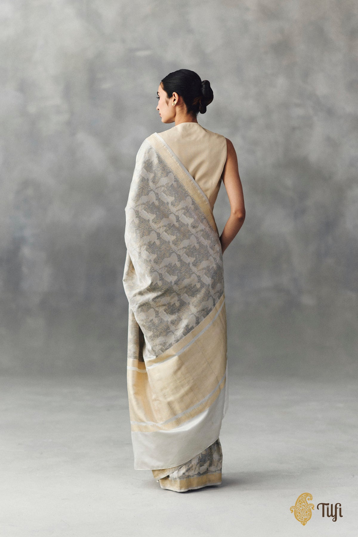 'Sunayana' White-Grey Pure Soft Satin Silk Banarasi Handloom Saree
