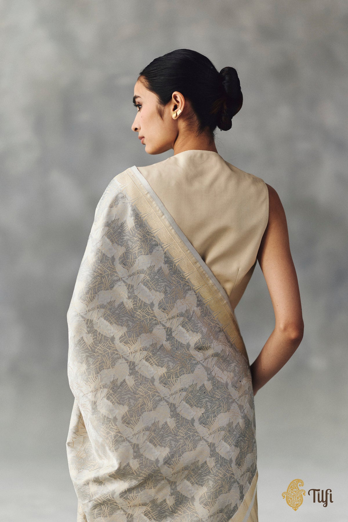 'Sunayana' White-Grey Pure Soft Satin Silk Banarasi Handloom Saree