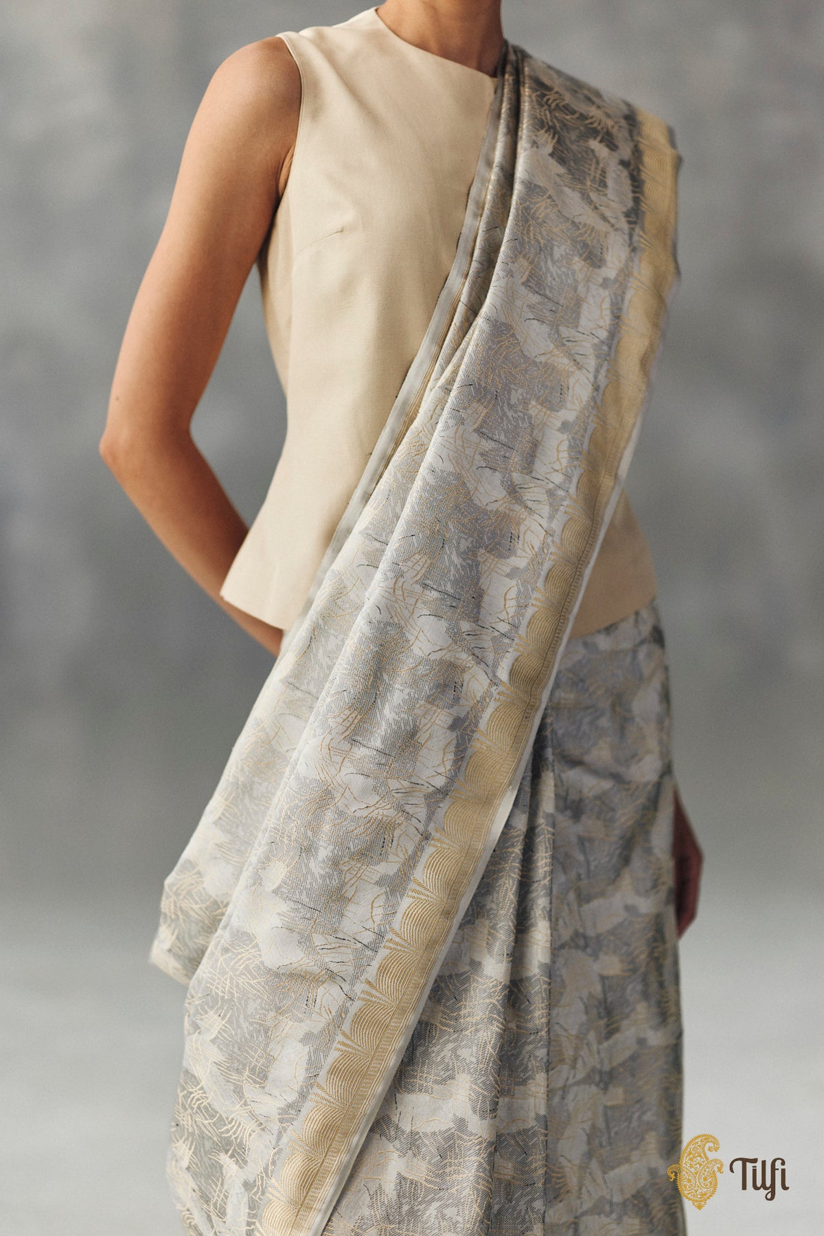 'Sunayana' White-Grey Pure Soft Satin Silk Banarasi Handloom Saree