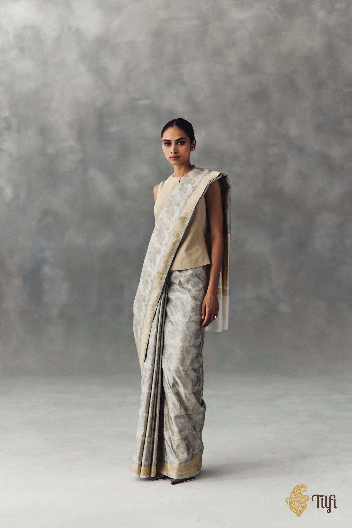 'Sunayana' White-Grey Pure Soft Satin Silk Banarasi Handloom Saree