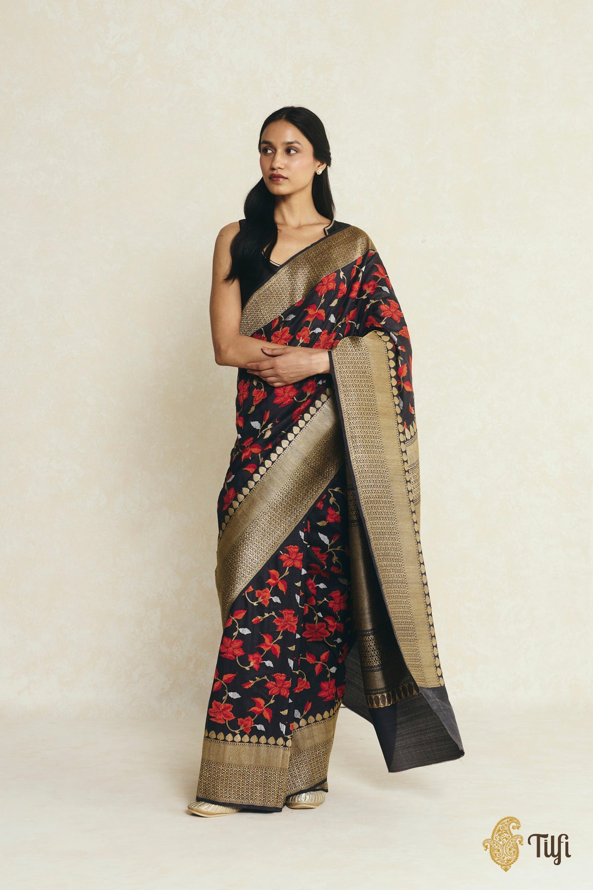 Black Pure Tussar Georgette Silk Banarasi Handloom Saree